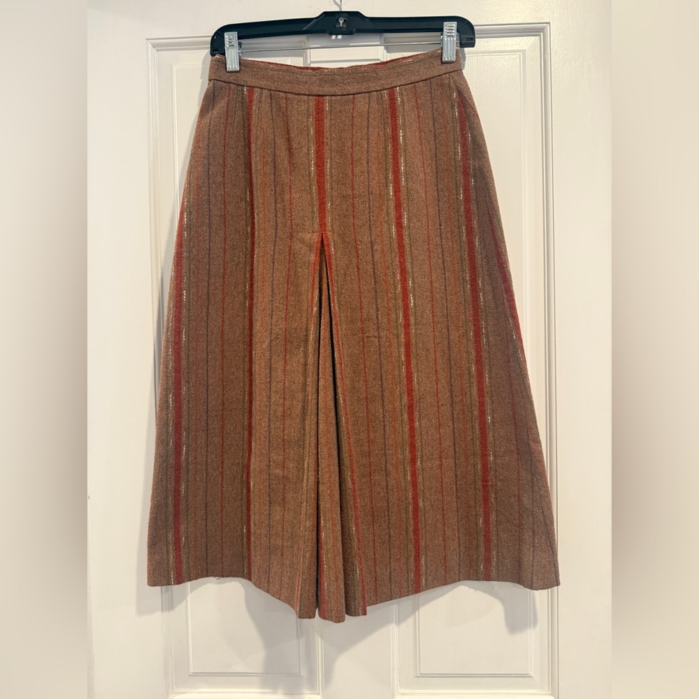 Vintage Wool Brown and Red Striped Skirt with single kick pleat.